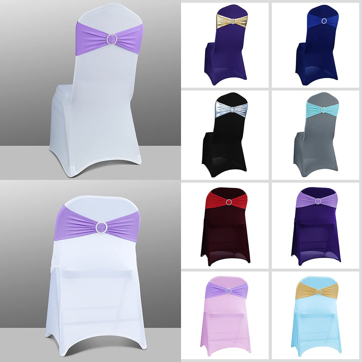 Babenest Spandex Chair Sashes Bows 100PCS Premium Stretch Chair Cover Band with Buckle Slider Universal Elastic Chair Ties for Wedding Party Ceremony Reception Banquet Decoration (Purple)