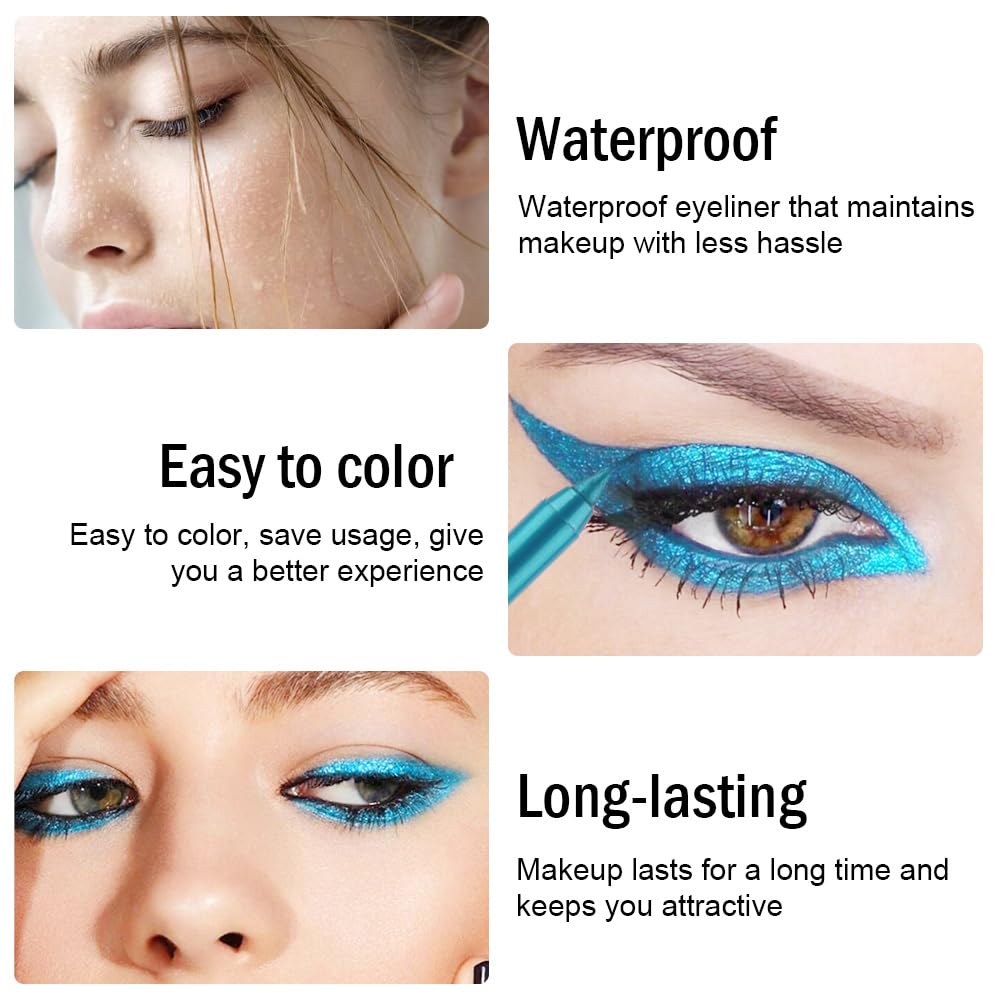 evpct Blue Glitter Eyeliner Pencil for Eyes, Navy Sky Blue Metallic Shimmer Eye Liner Pencil Makeup Waterproof Smudge Proof, Colored Gel Waterline Eyeliner, Face Eye Paint Stick Halloween Makeup 09