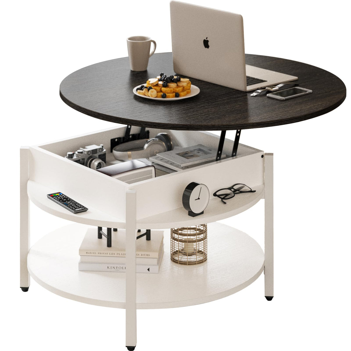FABATO Round Lift Top Coffee Table with Storage and Hidden Compartment, 26.77'' Farmhouse Coffee Table for Living Room Reception Room, 2 Tier Small Round Coffee Table Circle Dining Table, White