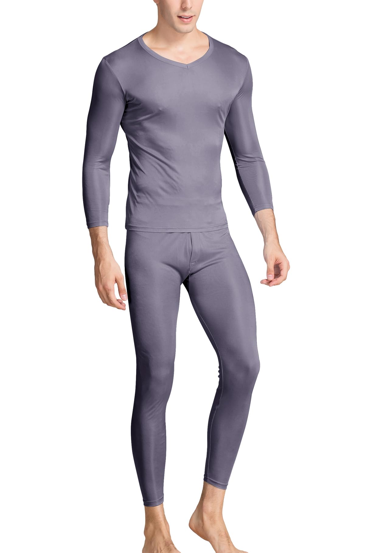 Grenasasilk Men's Silk Long Johns Mulberry Silk Long Underwear V-Neck Breathable Thermal Underwear Sets & Undergarments (M, Grey)