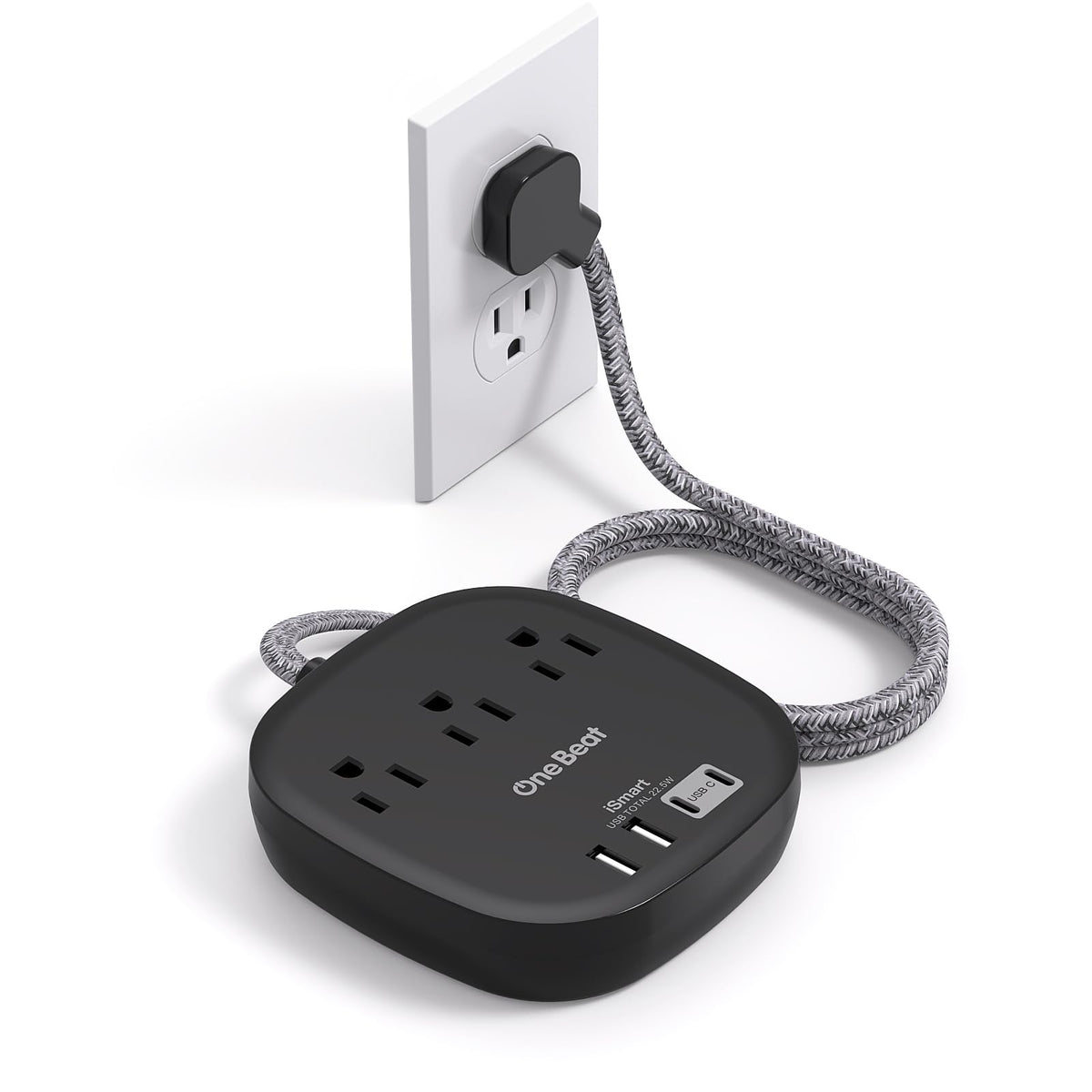 One Beat Flat Plug Power Strip, 5ft Flat Extension Cord, 3 Outlets 4 USB Ports (2 USB C) 22.5W/4.5A Desktop Charging Station Cruise Ship Power Strip No Surge Protection, Dorm Room Travel Essentials