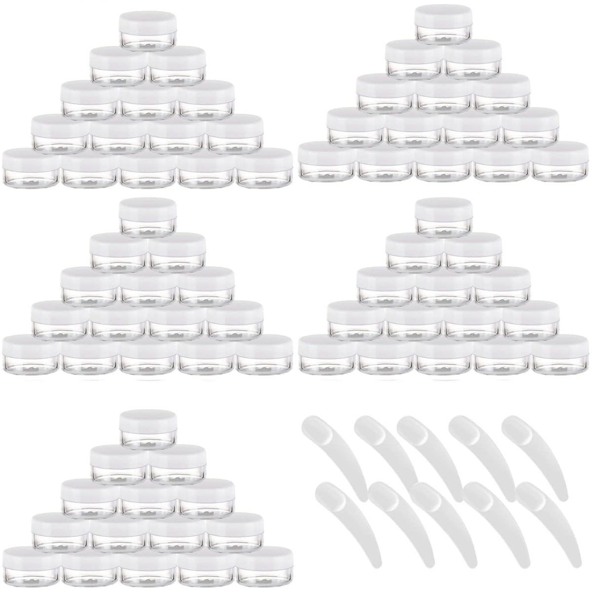 Refillable Cosmetic Sample Jars - 100 Pack 10g (0.35oz) White Small Travel Containers with Lids + 10 Mini Makeup Spatulas - BPA Free