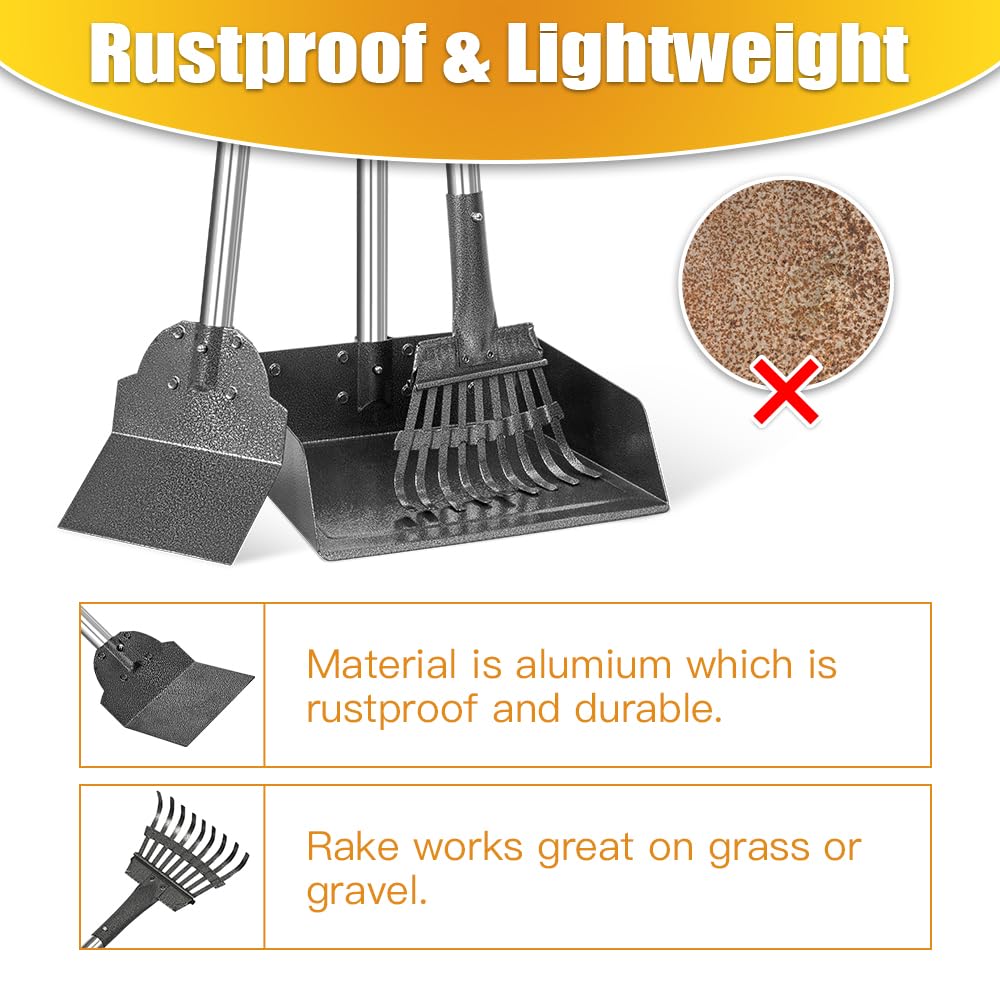 TOOGE Larger Pooper Scooper, Dog Pooper Scooper for Large Medium Small Dogs Heavy Duty Long Handle Metal Tray Rake Shovel Set for Yard Grass