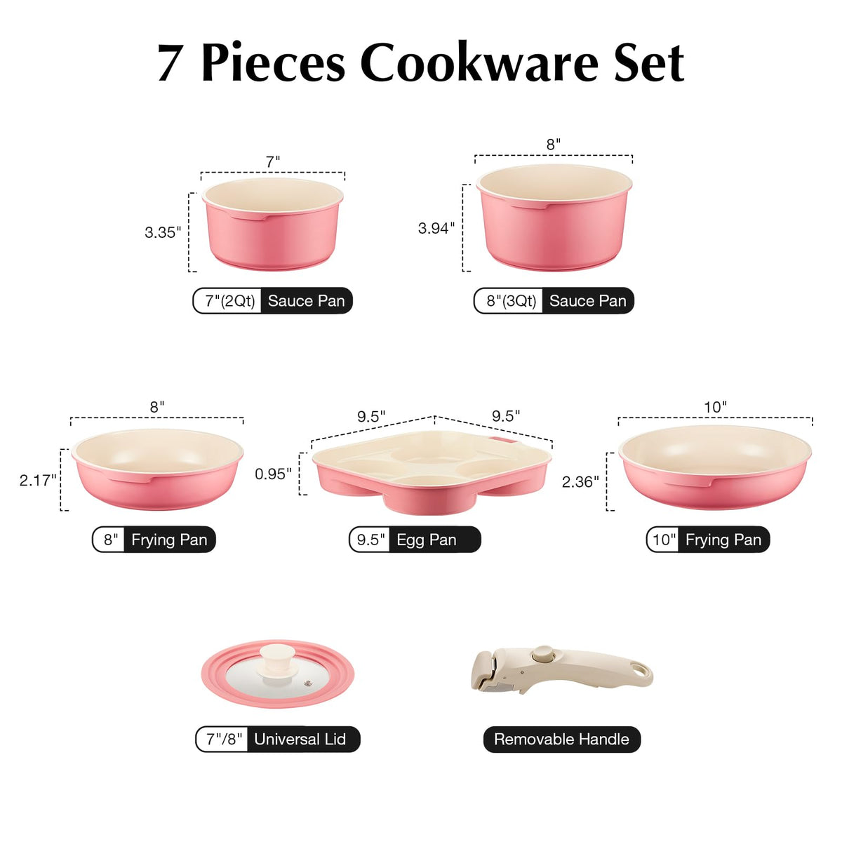 Ceramic Pots and Pans Set Non Stick, 7 Pcs Nonstick Cookware Set with Detachable Handle RV Camping Induction Kitchen Cookware Set Non Stick, PFAS PFOA & PTFE Free