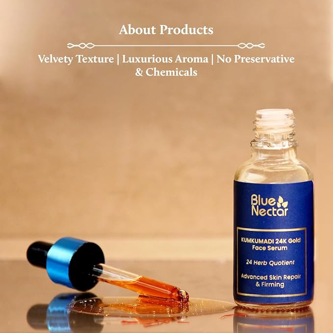 Blue Nectar 24K Gold Serum with Pure Kumkumadi Oil for Face | Ayurvedic Collagen Face Serum for Skin Tightening & Natural Radiance (24 Herbs, 1Fl Oz)