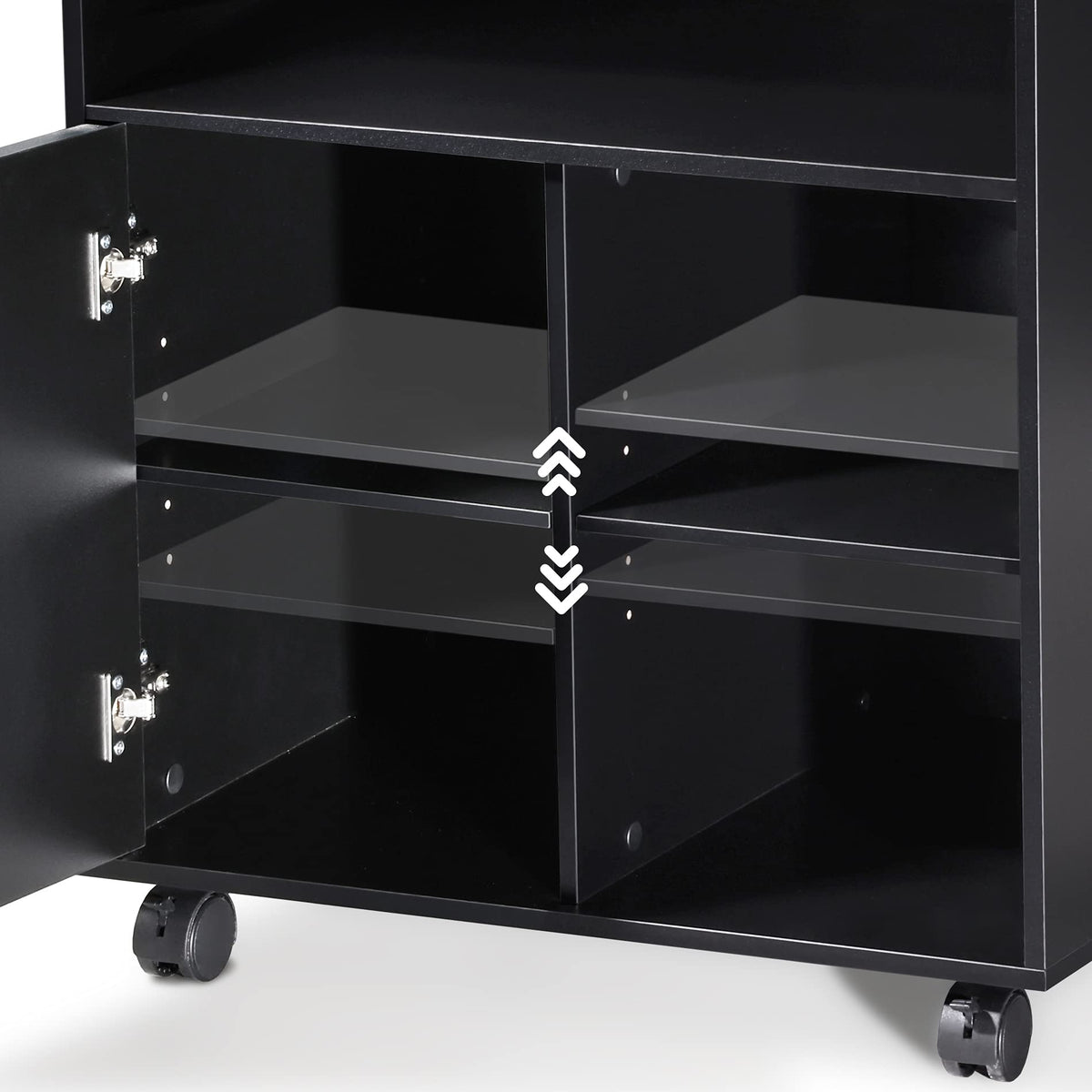 FITUEYES Printer Stand with Storage Adjustable Shelves, Wood Mobile Cart with Door, Rolling File Cabinet on Wheels for Home Office, Black, PS406001WB