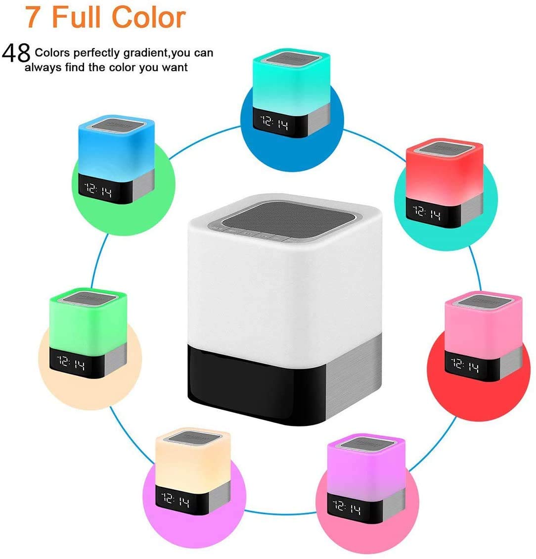 Gallstep Night Lights Bluetooth Speaker, Alarm Clock Touch Sensor Dimmable Multi-Color Changing Bedside Lamp, MP3 Player, Wireless