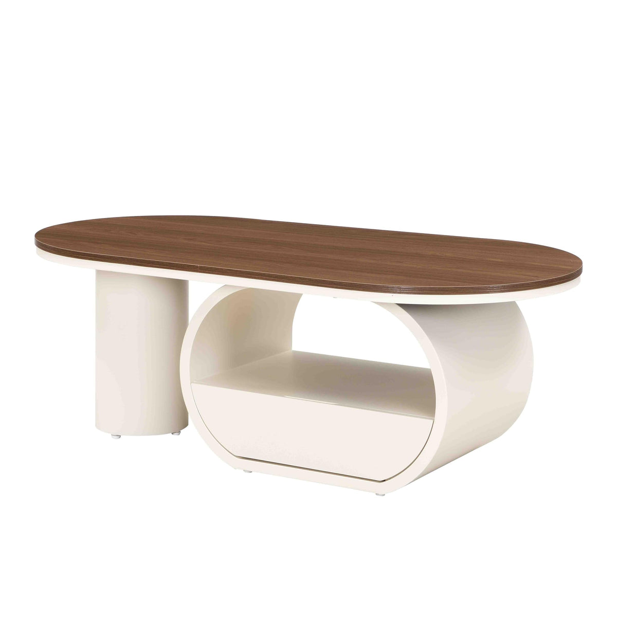 47.24'' Modern Coffee Table, Luxury Oval Coffee Table with Storage Drawer and Shelf, Metal Center Table for Living Room ﻿ (Antique White+Brown)