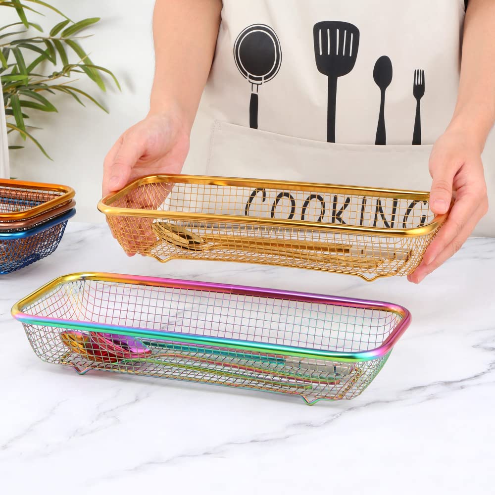BYEGOU Silverware Drawer Organizer, Rainbow Mesh Kitchen Drawer Organizers, Iridescent Stackable Storage Basket Metal Utensil Holder for Flatware, 12.5"x5"x2.5", Pack of 2