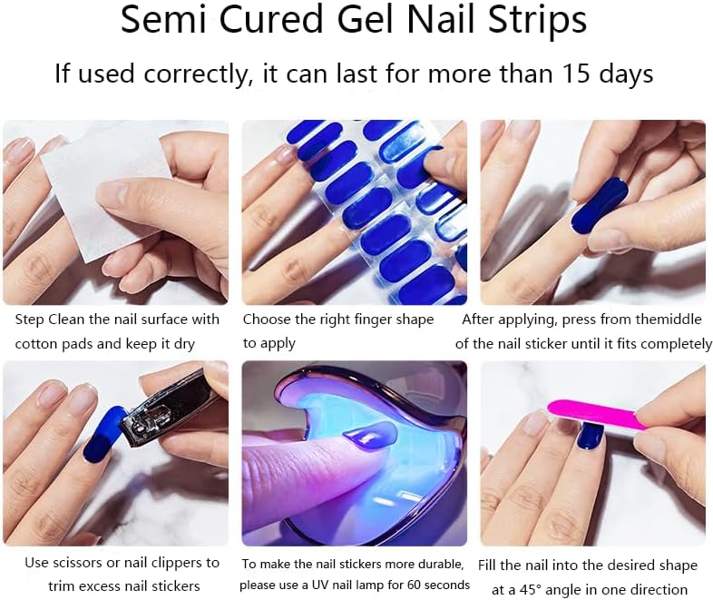 Semi Cured Gel Nail Strips with Gold Heart Designs Blue Gel Nail Strips Glossy Stickers Salon Quality & Easy to Use for Women 20 Pcs