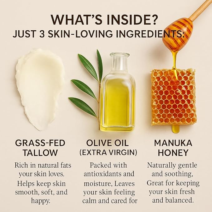 wuliao Grass Fed Tallow & Honey Balm – Organic Whipped Beef Tallow Cream with Manuka Honey, Cold-Pressed Olive Oil & Beeswax – Natural Face & Body Moisturizer for Dry, Sensitive Skin