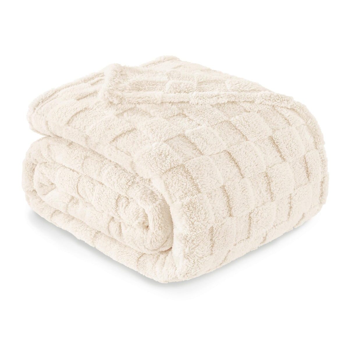 Exclusivo Mezcla Queen Size Flannel Fleece Blanket, Super Soft and Warm Lightweight Checkered Pattern Blankets for All Seasons, 90x90 Inches, Ivory