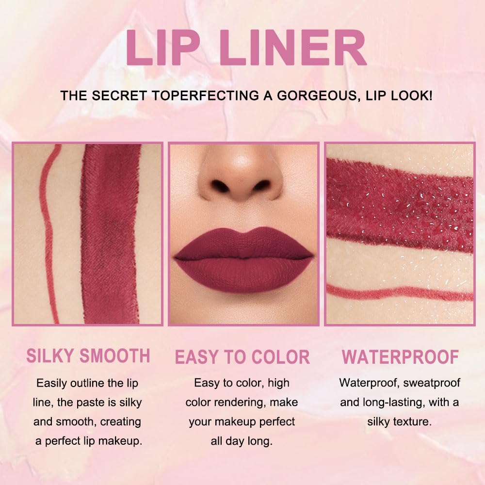 Kaely 2-in-1 Dark Plum Wine Red Lip Liner & Lipstick Set Kit for Women, Matte Lips Kit with Lip Liner Lip Stains Long Lasting Waterproof 24 Hour Lipstick and Lip Liners Combo Lipliners Pencil 06