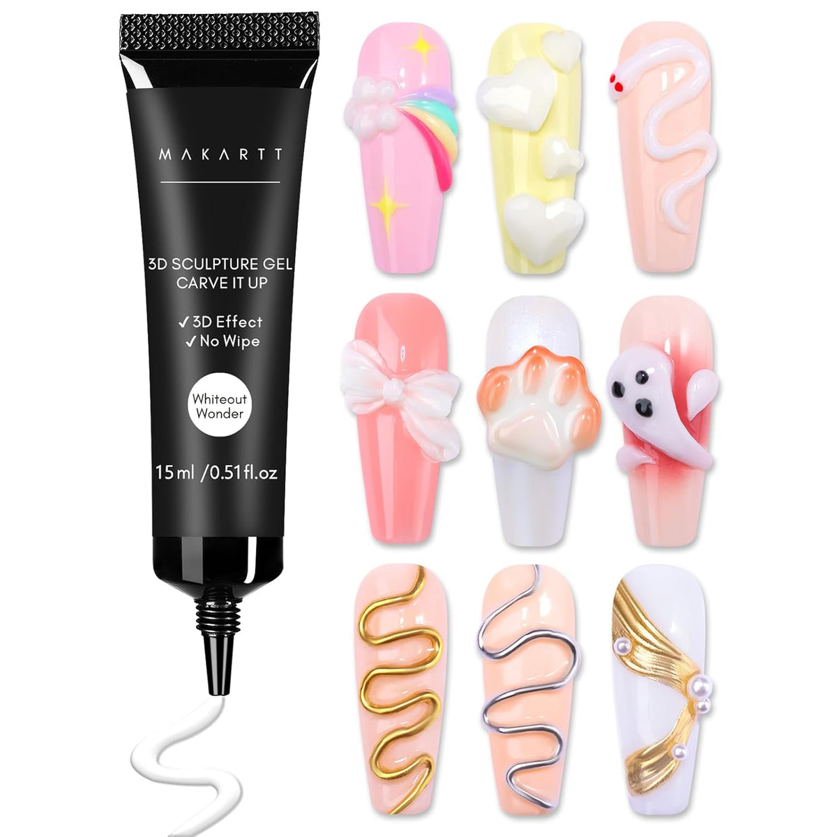 Makartt 3D Nail Gel for Nail Art: No Wipe 15g White Sculpting Molding Candy Craving Gel Polish Rhinestone Nails Charm Glue Decoration Manicure Designs (Whiteout Wonder)