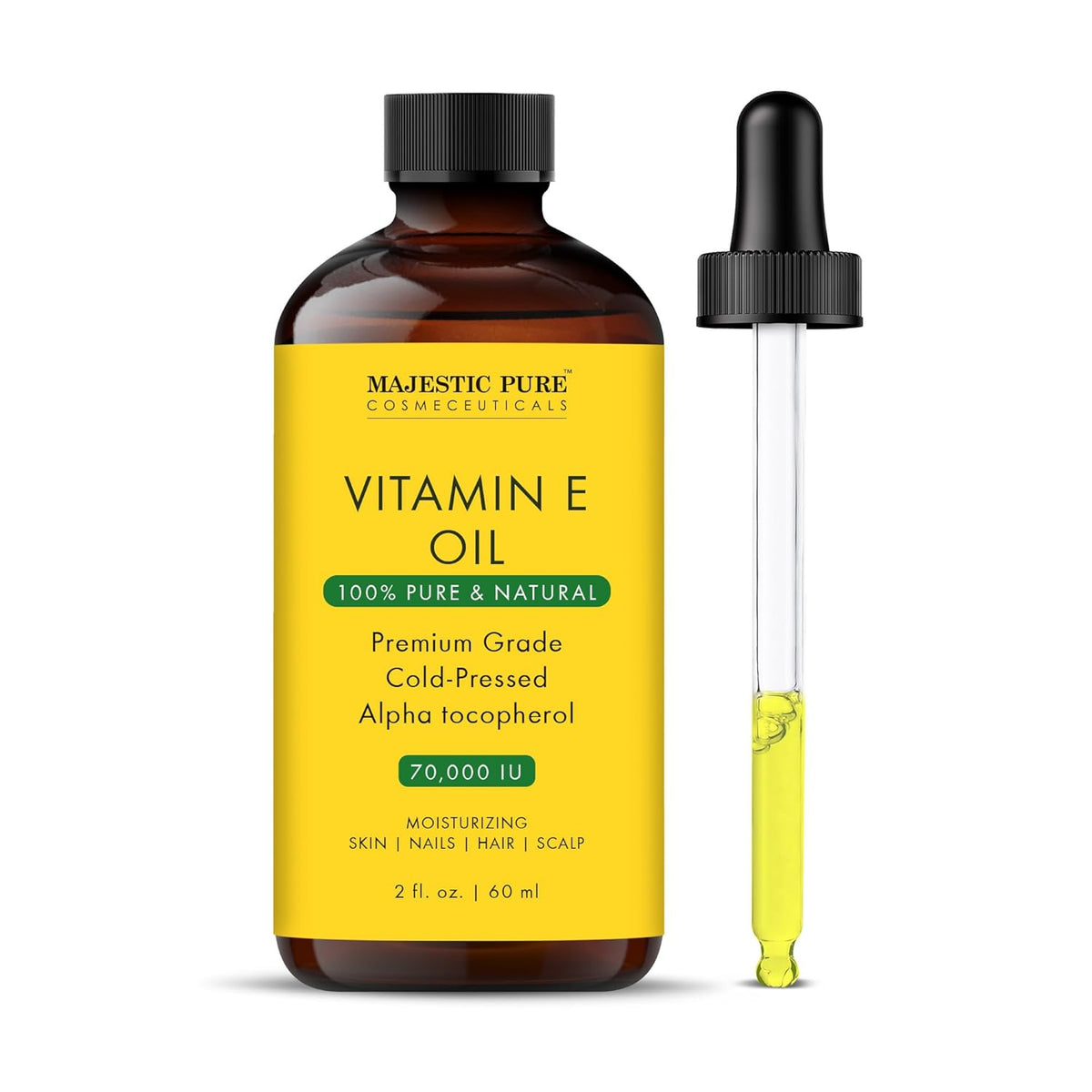 Majestic Pure Vitamin E Oil - 100% Pure & Natural, 70,000 IU | Premium Grade, Cold-Pressed and Tocopherol to Repair Dry, Damaged Skin| Moisturizing Skin, Hair and Scalp 2 Fl Oz