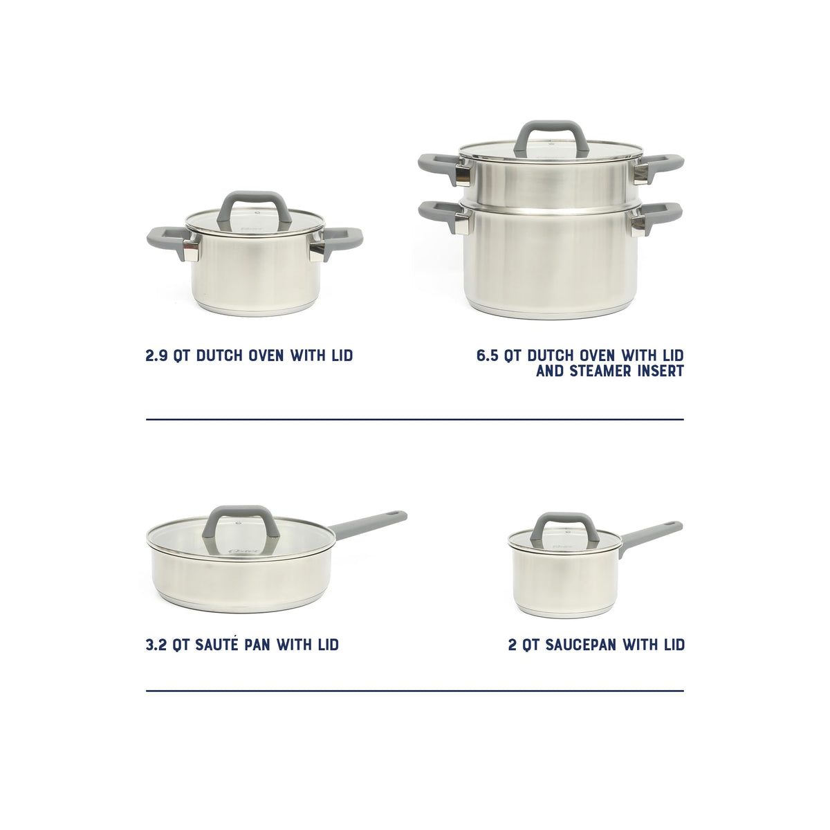 Oster Beauford 9 Piece Stainless Steel Non-Toxic Pots and Pans Cookware Set W/Tri-Ply Encapsulated Bottom & Soft Touch Handles