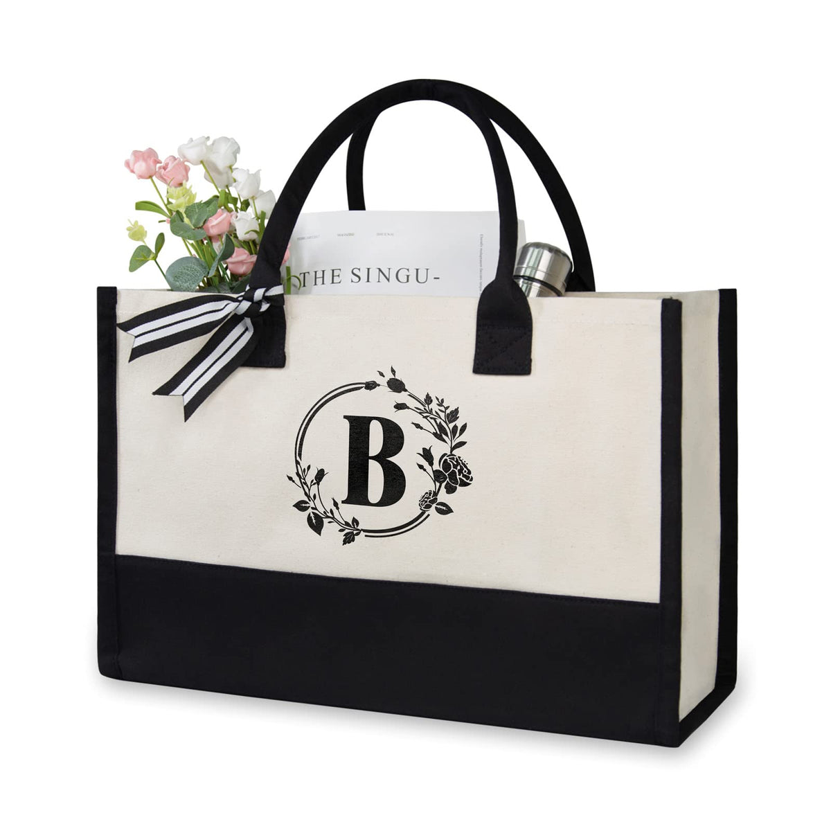 TOPDesign Personalized Initial Jute/Canvas Beach Bag, Monogrammed Gift Tote Bag for Women