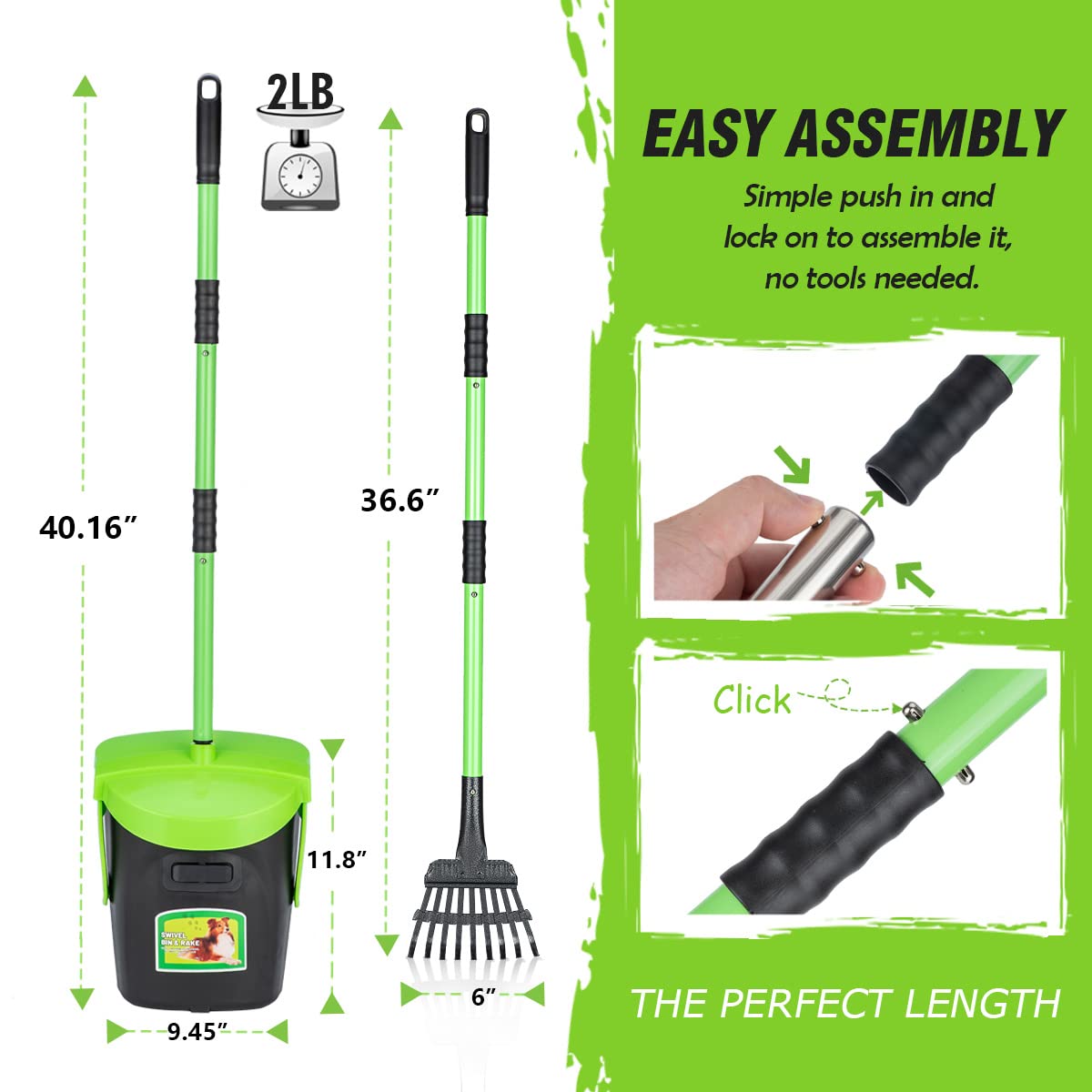 MXF Pooper Scooper Swivel Bin & Rake Kit with 20 Waste Bags, 36.6" Long Handle Adjustable Portable Non-Breakable Dog Pooper Scooper for Large Medium Small Dogs, Poop Scooper for Lawn Yard Dog Kennel