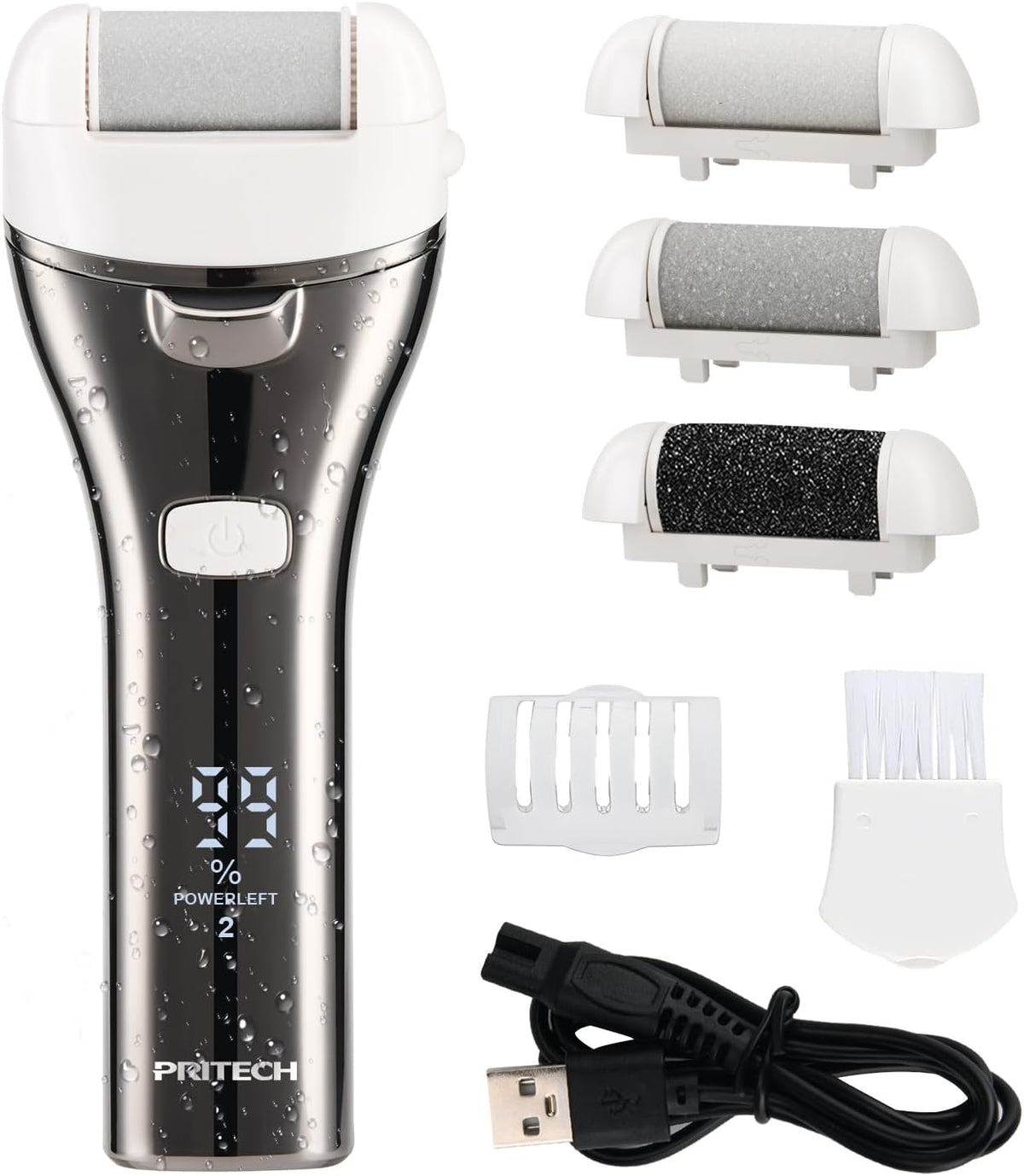 Electric Foot Callus Remover, Rechargeable Portable Electronic Foot File Pedicure Kits, 3 Roller Heads, 3 Speed, Battery Display for Remove Cracked Heels Calluses and Dead Skin（BCM-1852）