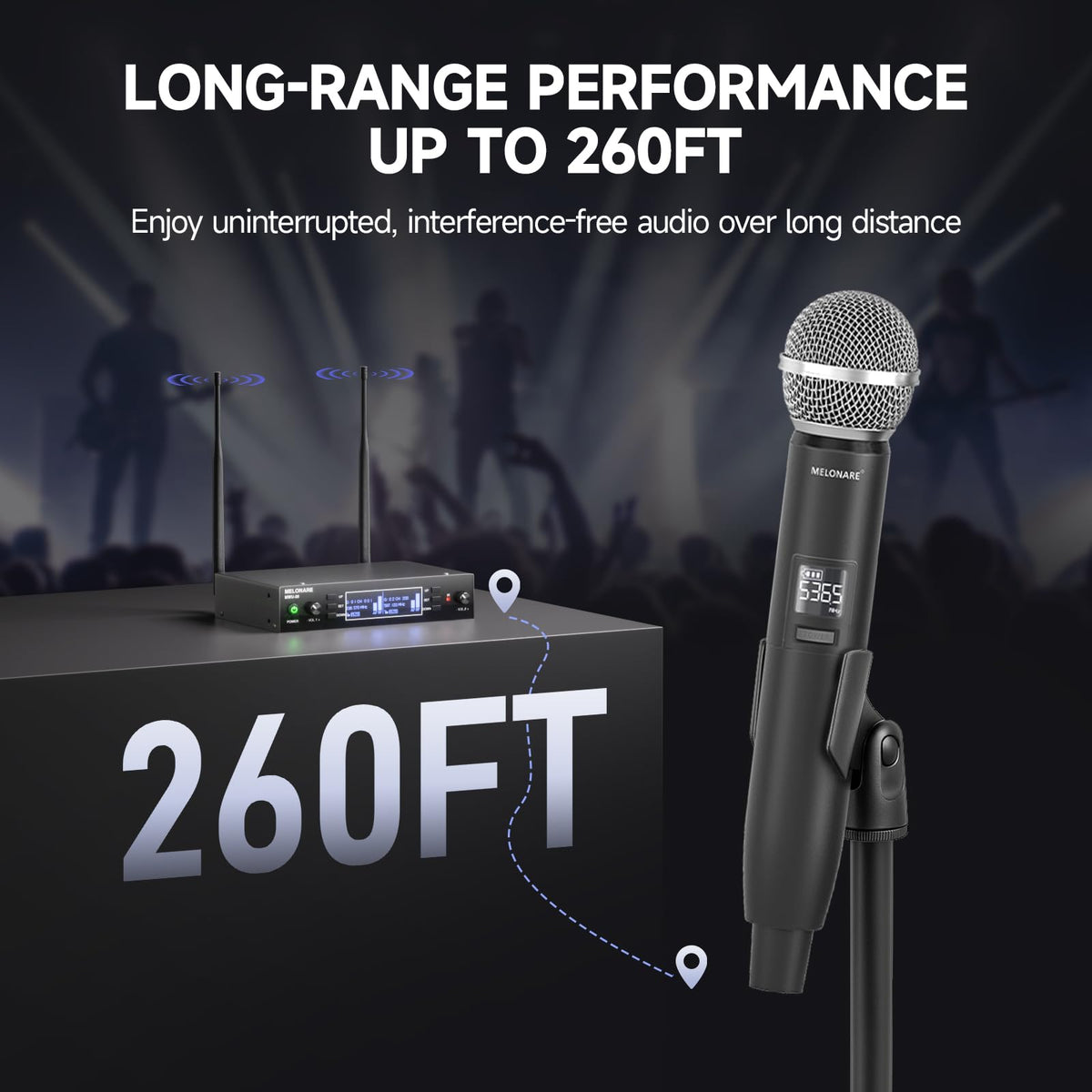 Dual Channel Wireless Microphone System, MELONARE Auto-Scan Professional Cordless Dynamic Mic Set, 260ft Range, 2x100 UHF Metal Wireless Mic for Singing, Karaoke, Church, Wedding, DJ (MWU-20-2H)