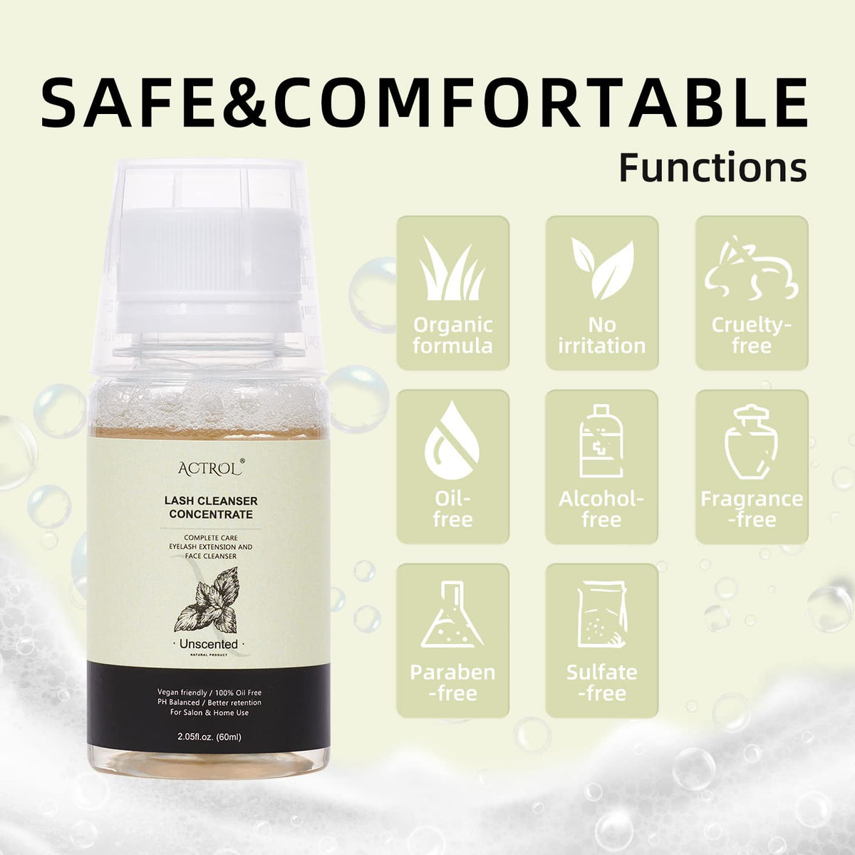 Eyelash Cleanser Concentrate 60ml Unscented Professional Lash Shampoo Foaming Cleanser DIY Wash for Extensions Lashes with Salon Home Care-Makes 6 Bottles