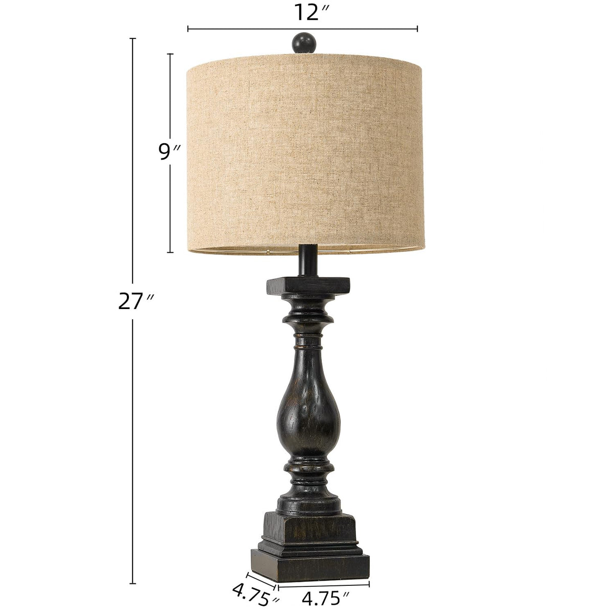BOBOMOMO 27" Farmhouse Table Lamp Set of 2 with USB A+C for Bedroom Living Room Vintage Rustic Traditional Nightstand Bedside Lamps Retro Side Table Lamps (Black)