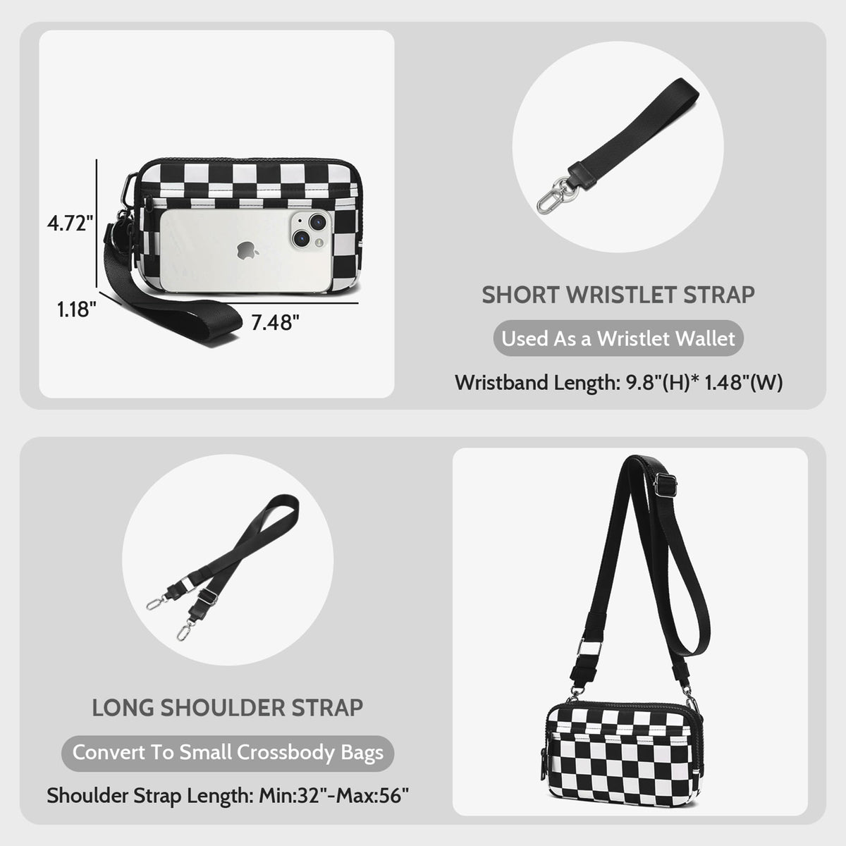 FODOKO Wristlet wallets for women Nylon Quilted Wallet with 4 Zippers,Travel Credit Card,Holder Cell Phone Organizer,coin purse (Black)