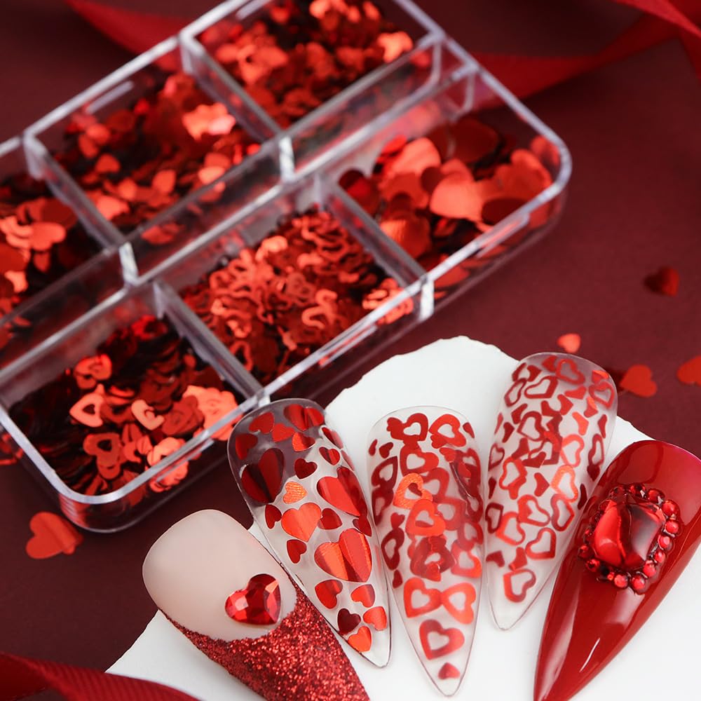 12 Grids Valentine’s Day Nail Art Glitter Sequins 3D Laser Red Pink Heart Glitters Nail Decals，Holographic Love Heart Nail Art Supplies for Women Manicure Charms Decorations Body Makeup Sets