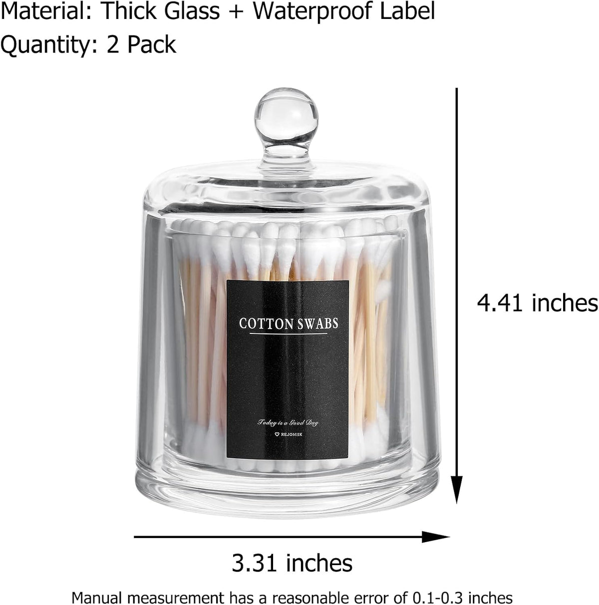 rejomiik Qtip Holder Thick Glass Apothecary Jars with Lid for Bathroom Accessories Vanity Organizers and Makeup Storage for Cotton Ball, Swabs, Candy, Jewelry, Bathroom Decor, 2 Pack Clear
