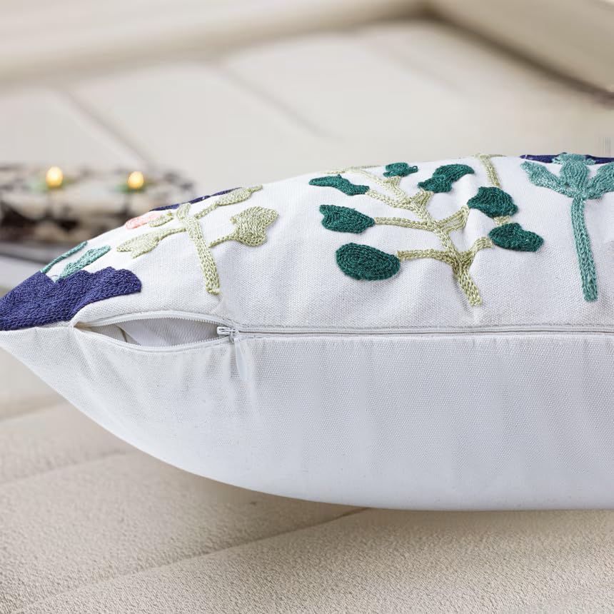 kittmin Summer Embroidered Outdoor Throw Pillow Covers – Set of 2, 12x20 Inch, Cotton, Botanical Floral Cushion Cases, Blue & Green Decorative Lumbar Pillows for Patio, Sofa, Bed & Couch(Leaf)