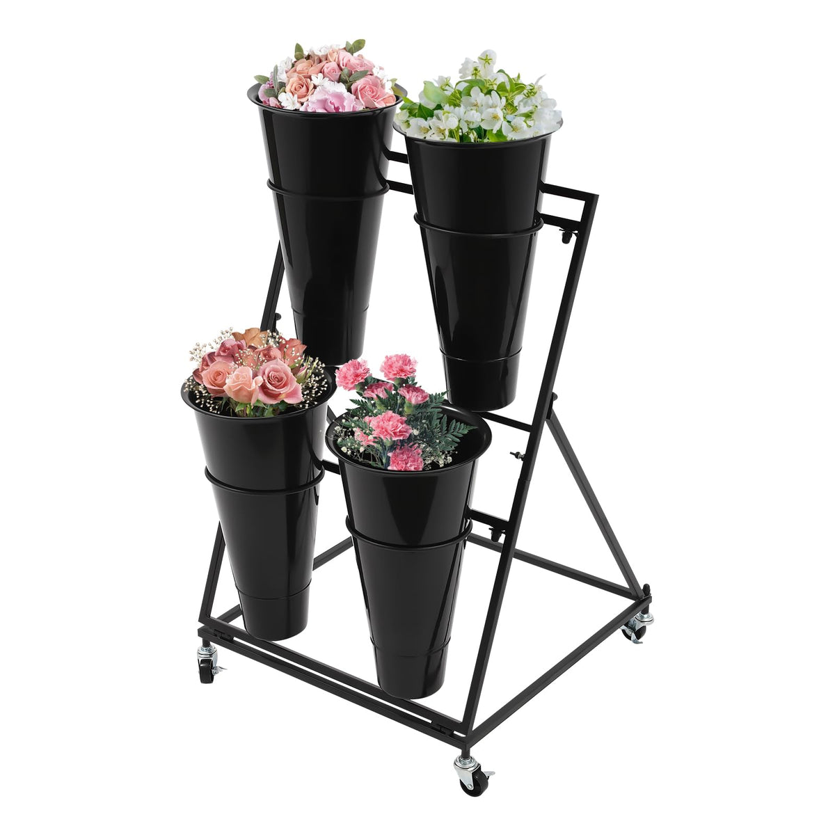 Nozue Flower Display Stand, with 4pcs Buckets, 2 Layers Metal Plant Stand with Wheels, Heavy Duty Detachable Plant Moving Cart Frame for Indoor, Living Room, Florist (Black- Black round bucket)