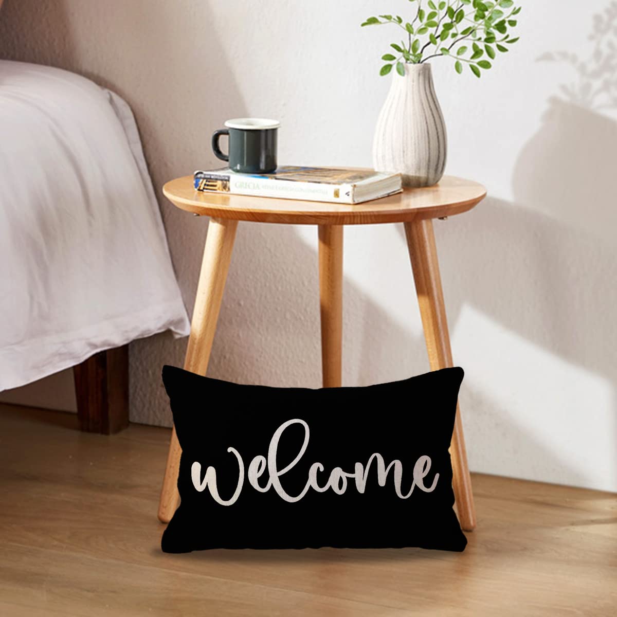 ULOVE LOVE YOURSELF Welcome Lumbar Throw Pillow Covers Farmhouse Rustic Decorative Rectangular/Waist Pillowcases 12 x 20 Inch Front Porch Decor Cushion Covers Housewarming Gifts(Black)