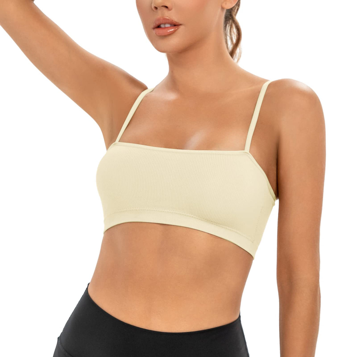INIBUD Sports Bras for Women Bandeau Padded Ribbed Bralette Adjustable Strap Workout Square Neck Seamless Crop Top Backless (l, Black&Wheat&Off White)