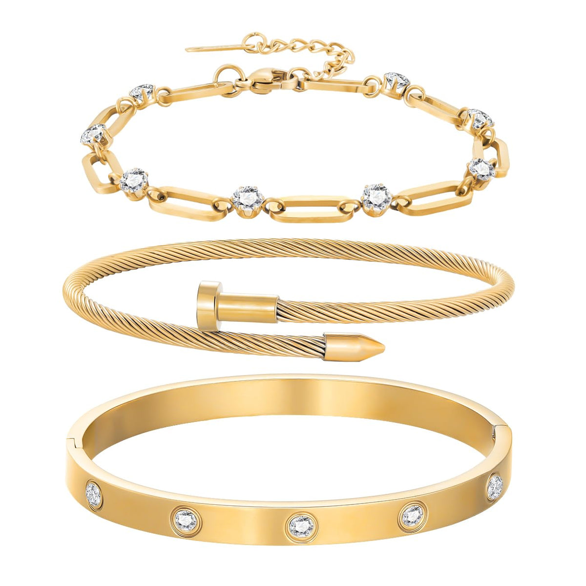 18K Gold Plated Bangle Bracelets for Women, Stackable Love Bangle Bracelet Set, Stainless Steel Non Tarnish Bracelet Set, Adjustable Bracelets Jewelry Christmas Valentine Birthday Gifts, Gold