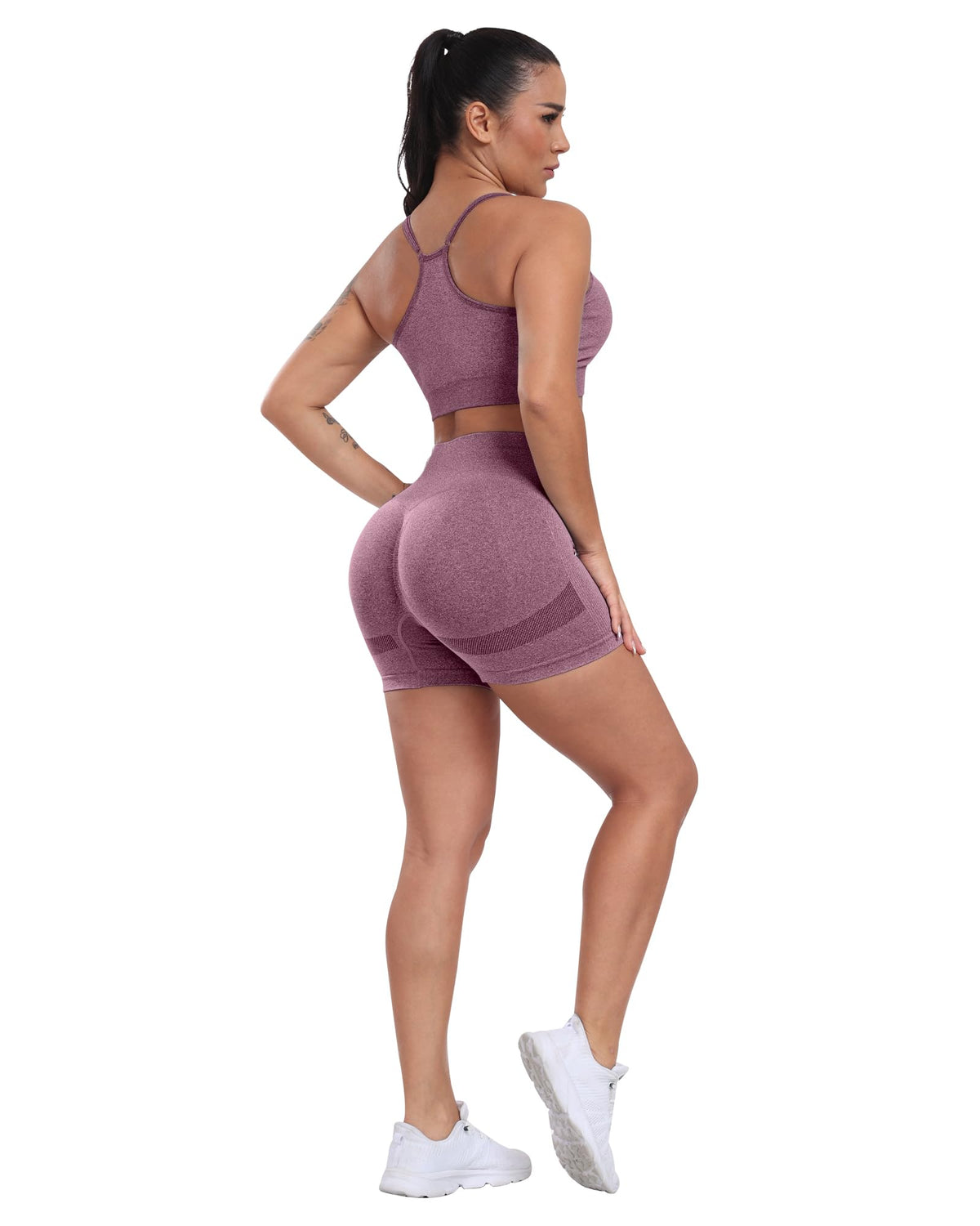 CHRLEISURE Women's 4 Packs Workout Gym Shorts, High Waisted Butt Lifting Scrunch Butt Seamless Booty Shorts(Black,Black,DGray,Wine,S)