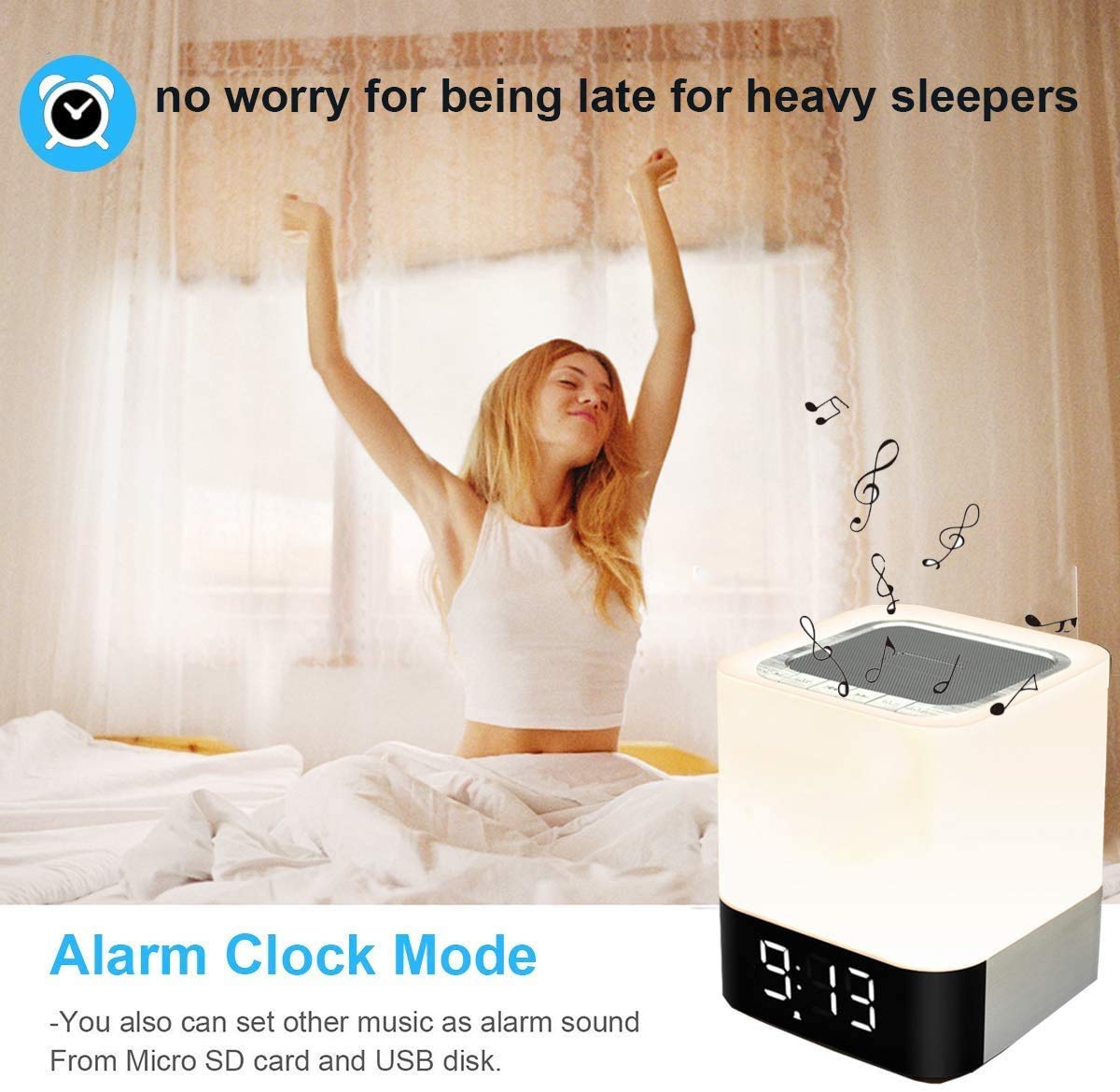 Gallstep Night Lights Bluetooth Speaker, Alarm Clock Touch Sensor Dimmable Multi-Color Changing Bedside Lamp, MP3 Player, Wireless