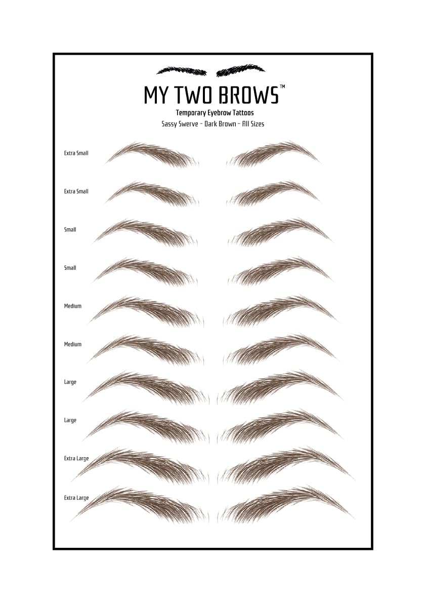 (10 pairs) Dark Brown Temporary Eyebrow Tattoo - Extra Large Size - Waterproof & Smudgeproof - Sassy Swerve Style Eyebrow Stickers - Sheet Lasts up to 30 Days - Won't Work on Existing Brows