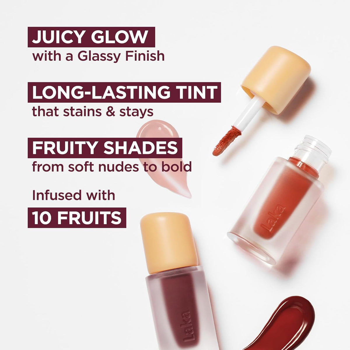 Laka Fruity Glam Lip Tint Mini, Glowing Lip Stain with Wide Color Spectrum, Hydrating & Lightweight Texture, Long-Lasting Bold Stain, Non-Sticky, Vegan, K-Beauty (#111 Mellow)