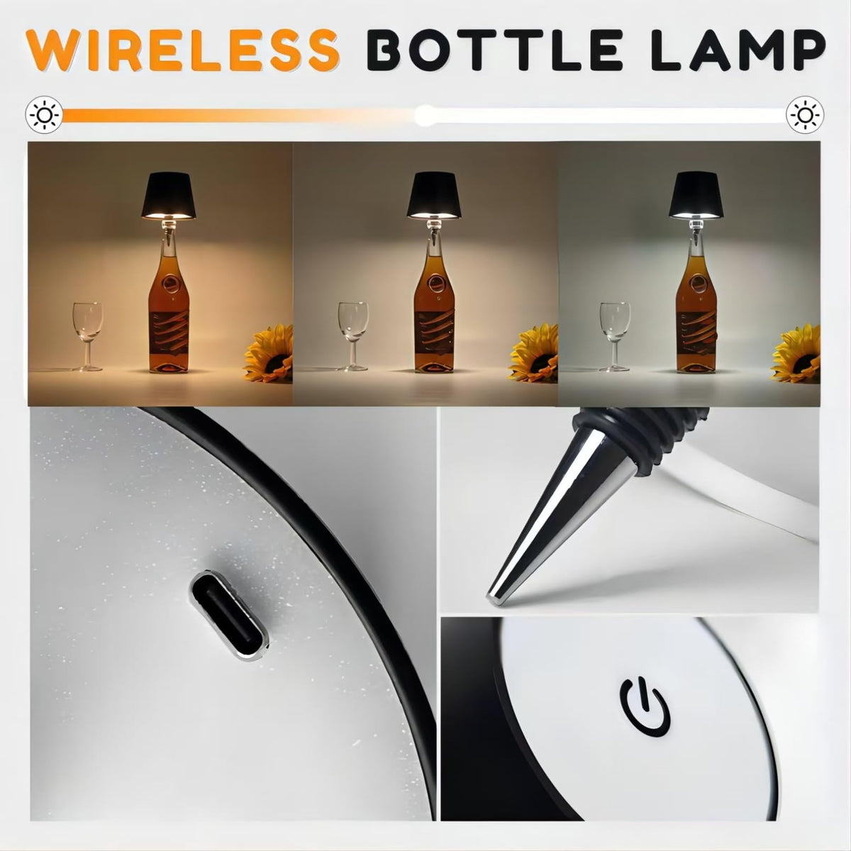 wioilyoy Wireless Bottle Light, New LED Wine Bottle lamp 2024 Rechargeable Bottle lamp, 3 Color Stepless Dimmable Light for Bedroom, Dining Room & Bar（White）