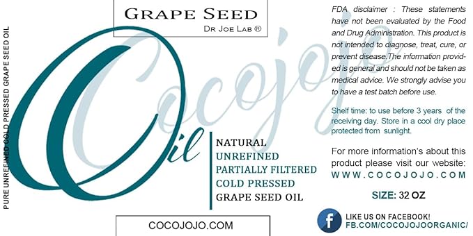 Dr Joe Lab Grape Seed Oil, Pure Natural Cold Pressed Unrefined Extra Virgin Grapeseed Oil - for Hair Skin Body Nail and Beard. 32 oz - Moisturizing, Soothing, Hydrating, & Nourishing