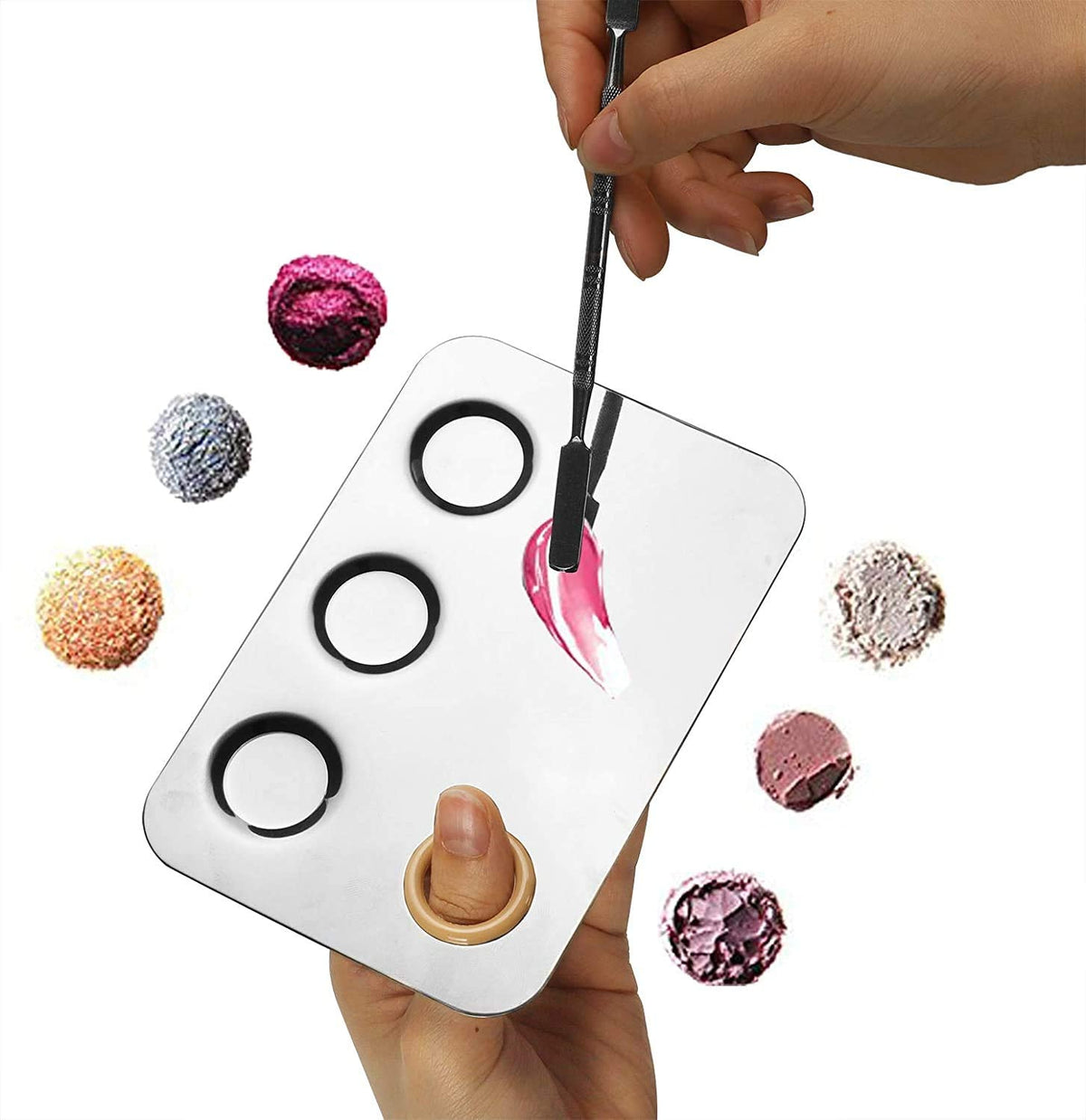 Makeup Mixing Palette, 6x4inch Stainless Steel Makeup Palette 3-well Nail-art Cosmetic Artist Mixing Palette with Makeup Spatula, Stocking Stuffers Christmas Gifts for Women