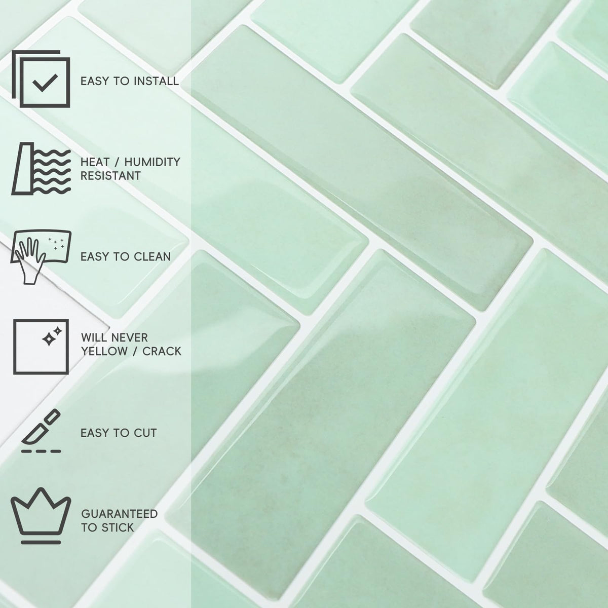 LUXDEKO 10-Sheet Herringbone Peel and Stick Backsplash, Sage Green Chevron Self Adhesive Glossy Tiles Renter Friendly Backsplash Stick on Wall Tile for Kitchen and Bathroom（12"x12"）