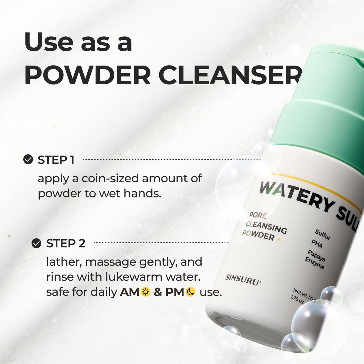 Watery Sulfur Pore Cleansing Powder, Korean Enzyme & Rice Powder & PHA Face Wash for Blackhead Removal, Sensitive and Acne-Prone Skin, Radiant Glow, Bumpy skin (1.76 oz / 50g)