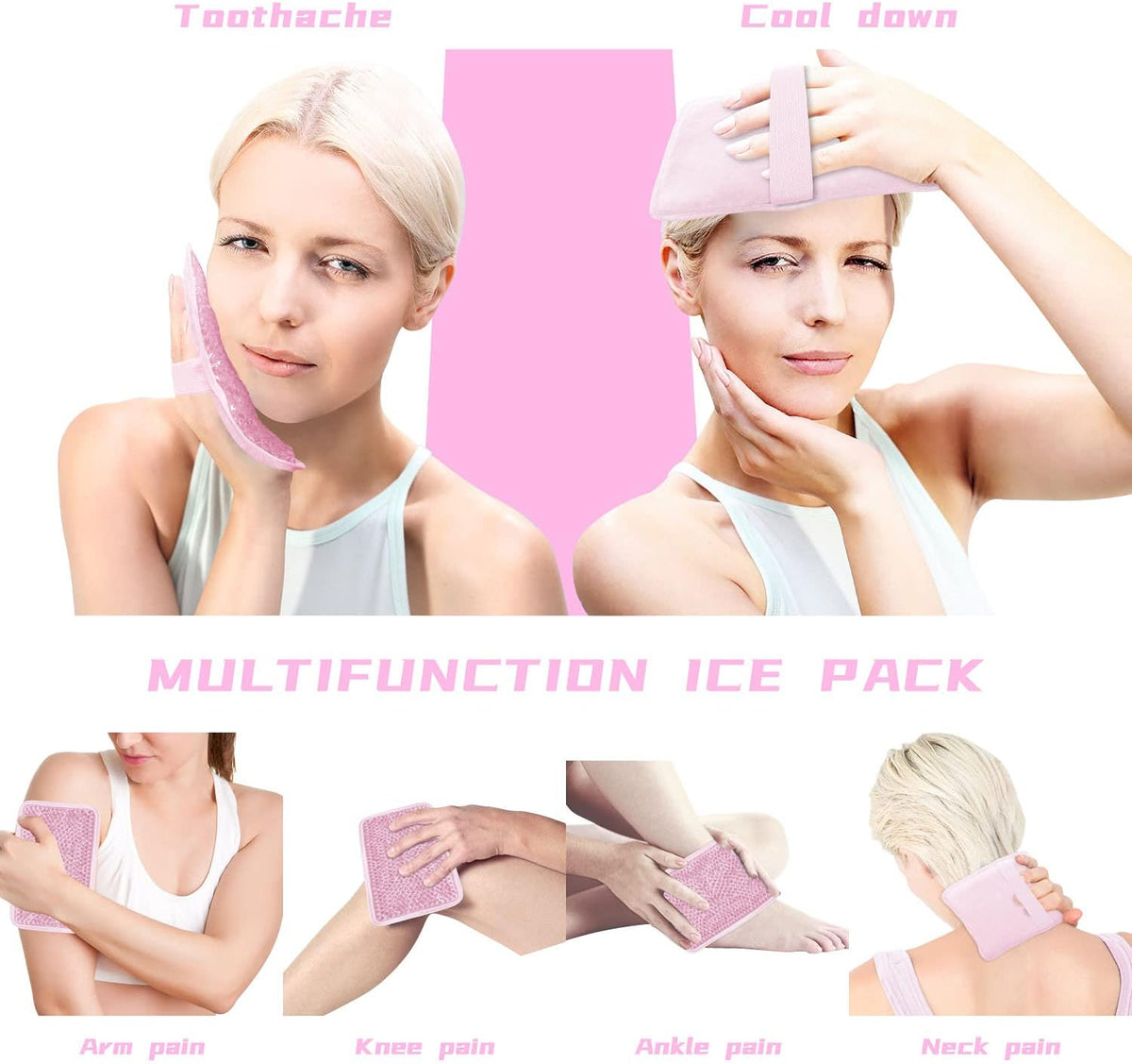 Gel Beads Ice Pack Ice Bag with Strap-Reusable Hot & Cold Pack Compress Therapy for Pain, Swelling,Injuries of Knee, Shoulder, Foot, Back, Ankle, Neck, Hip, Elbow (1Pcs,Pink)