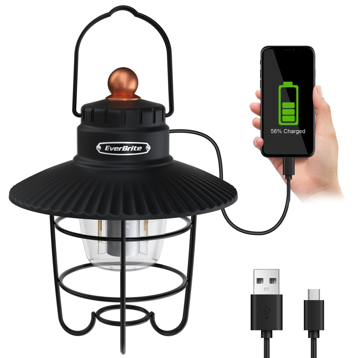 EverBrite LED Camping Lantern, USB C Rechargeable Lantern with 3 Light Modes, Vintage Outdoor Lanterns with Power Bank Function for Power Outages, Hurricane, Emergency, Fishing