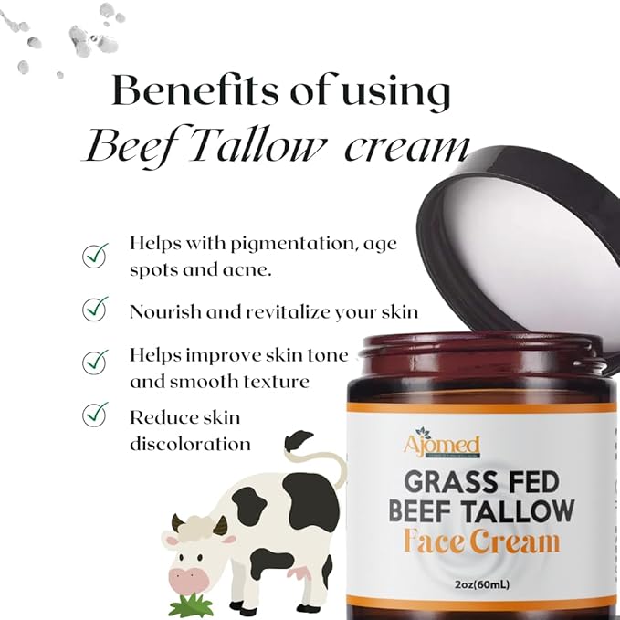 Beef Tallow Face Moisturizer - Grass Fed Beef Tallow for Skin Care- HandmadeTallow face Cream-Sensitive & Dry Skin, Eczema, Psoriasis, sunburn (UNSCENTED)