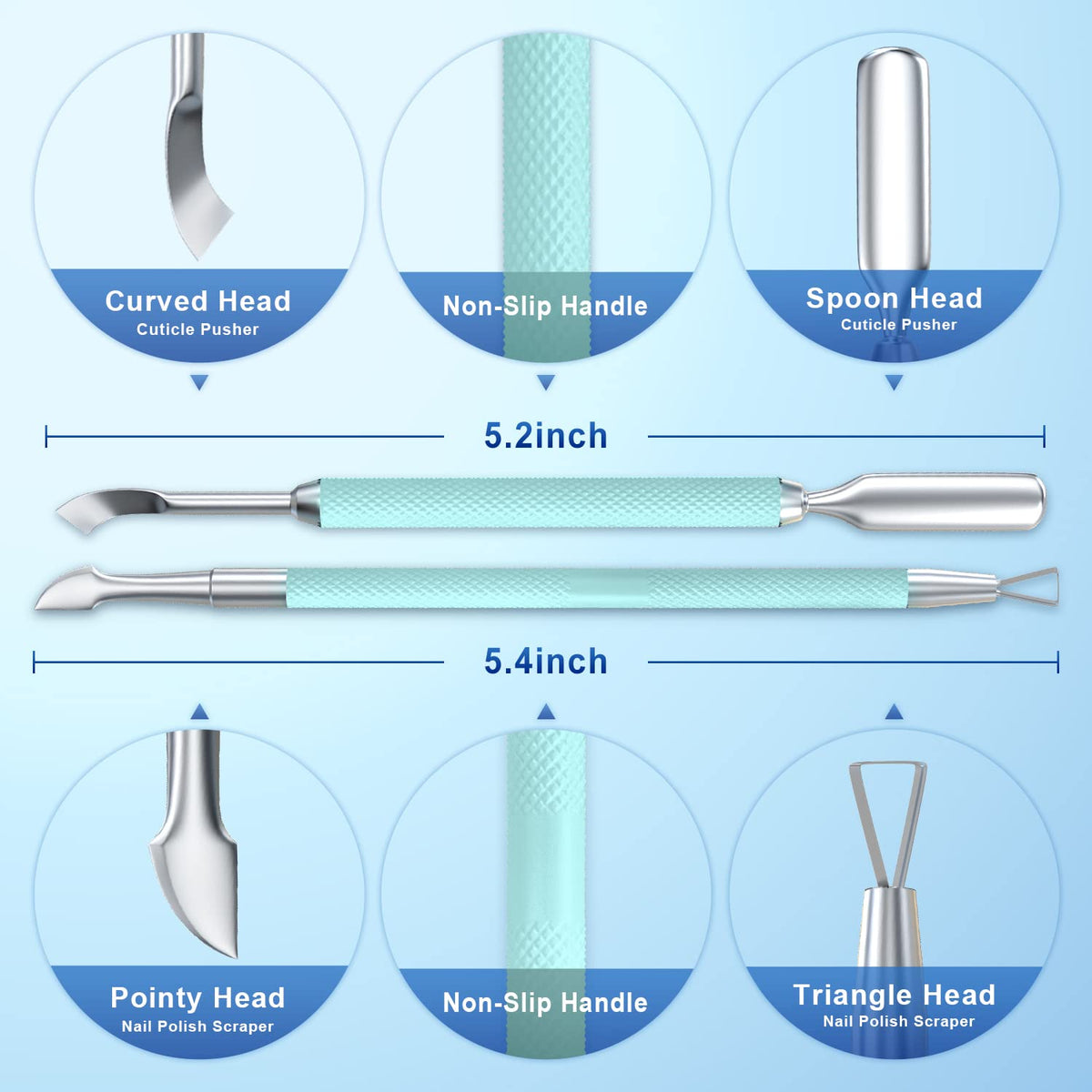 2PCS Metal Teal Cyan Cuticle Pusher and Cutter Remover Salon Stainless Steel Gel Nail Polish Peeler Scraper Durable Professional Manicure Pedicure Cleaner Tool For Fingernail and Toenail