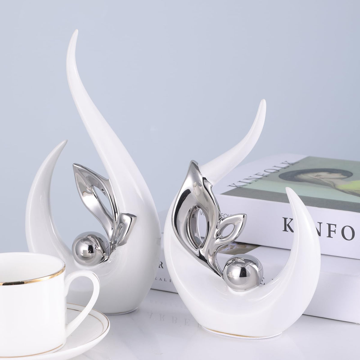 XMGZQ White and Silver Ceramic Statues for Home Décor Accents,Abstract Art Mid Century Modern Decor,Elegante Centerpiece Table Decorations,Sculpture for Entryway,Tv Stand,Mantel,Coffee Table