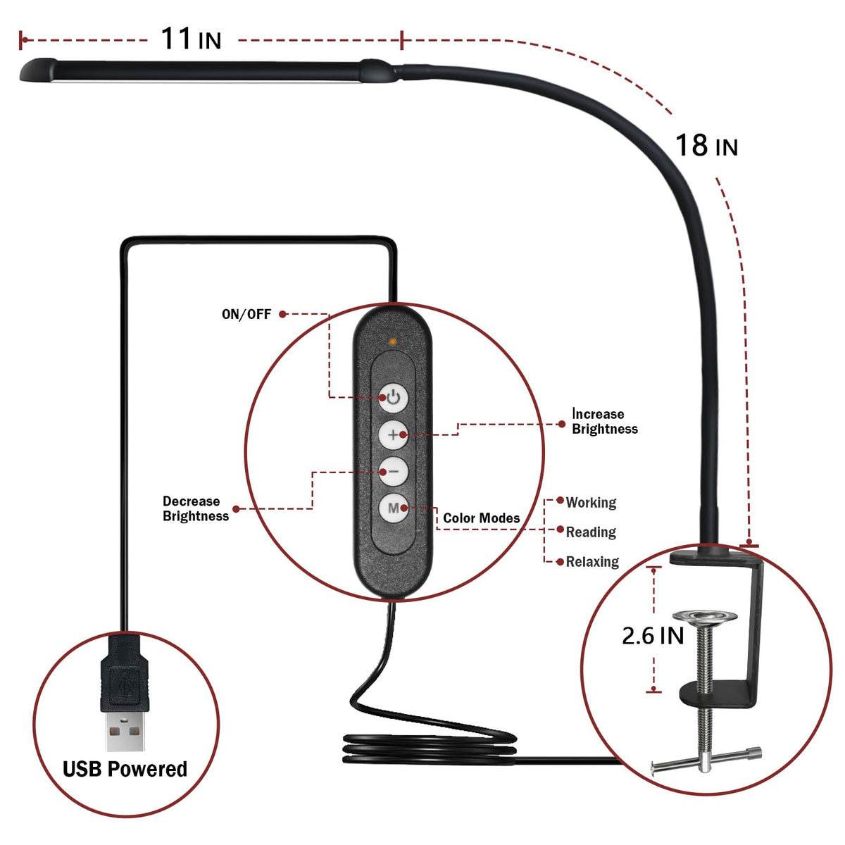 Phimuezl LED Desk Lamp with Clamp, Clamp Light with 30 Adjustable Color Modes, Clip on Light with Long Flexible Gooseneck, Eye Care Lamp Clamp for Study, Work, Home, Office, Black, 12W