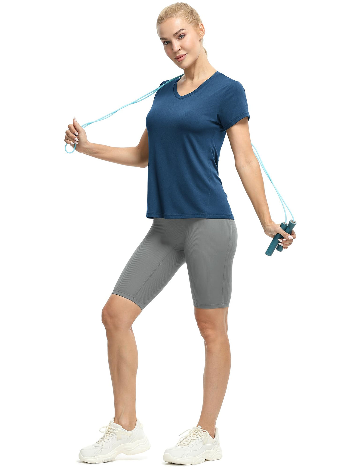 icyzone Workout Shirts Yoga Tops Activewear V-Neck T-Shirts for Women Running Fitness Sports Short Sleeve Tees (Dark Grey/True Navy/Aqua, S)